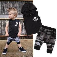 Thumbnail for 2PCS Toddler Kids Baby Boy Sleeveless Hooded Clothes T-shirt Tops Camo Pants Outfits